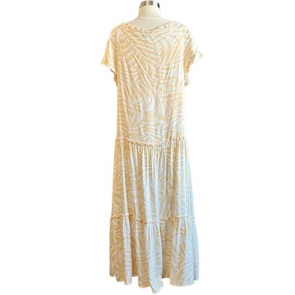 NWOT Patrons of Peace Palm Print Tie Front Tiered Maxi Dress Tan White - Picture 8 of 11